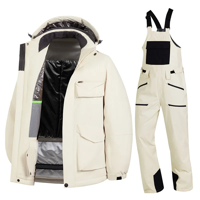 Adults' hooded ski jacket and bib pants set — Ivory White, full set