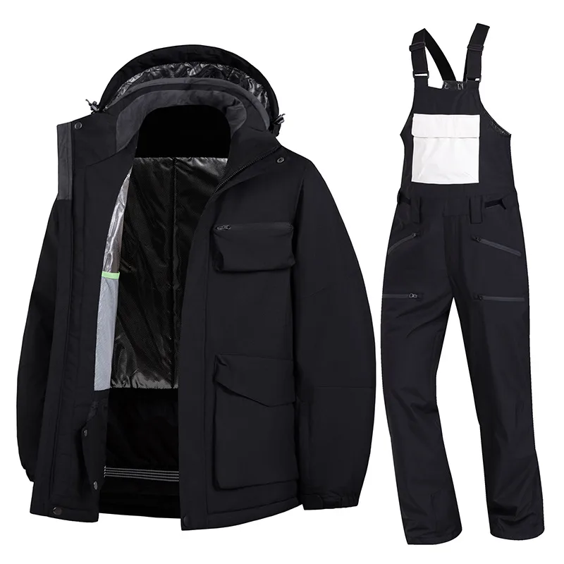 Adults' hooded ski jacket and bib pants set — Black, full set