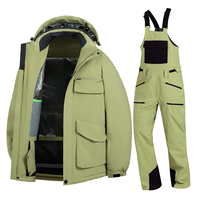 Adults' hooded ski jacket and bib pants set — Bean Green, full set