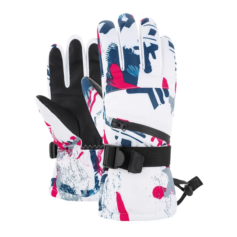 Adults' ski gloves in a white, magenta and navy brush print, shown back and palm side