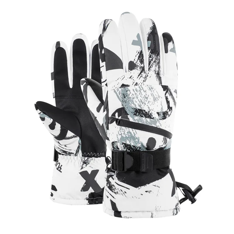 Adults' ski gloves in a white and black ink print