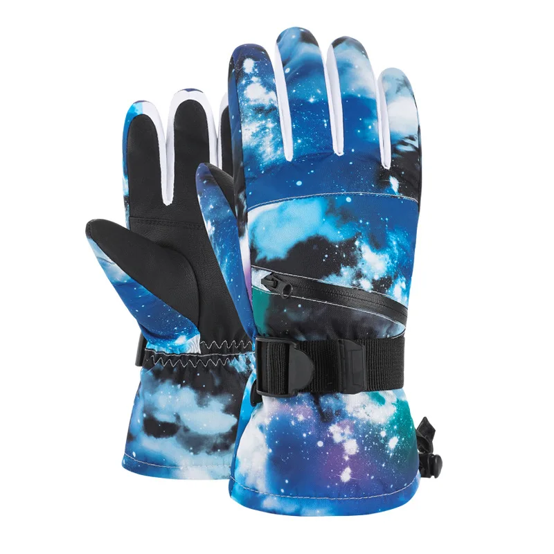 Adults' ski gloves in a royal blue, black and white print