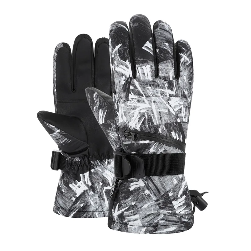 Adults' ski gloves in a black and white ink print