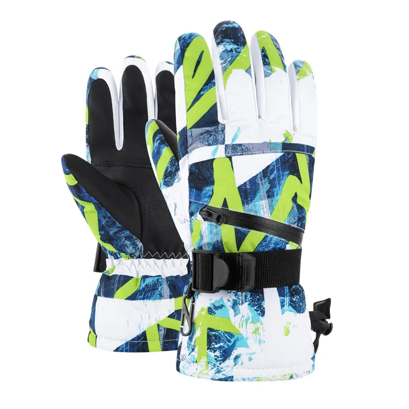Adults' ski gloves in a lime and navy graffiti print