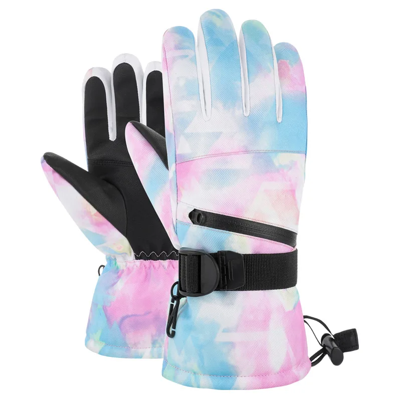 Adults' ski gloves in a pink and aqua pastel print