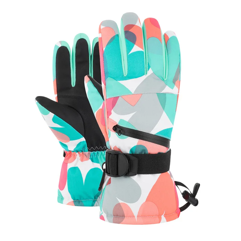 Adults' ski gloves in a teal and coral print