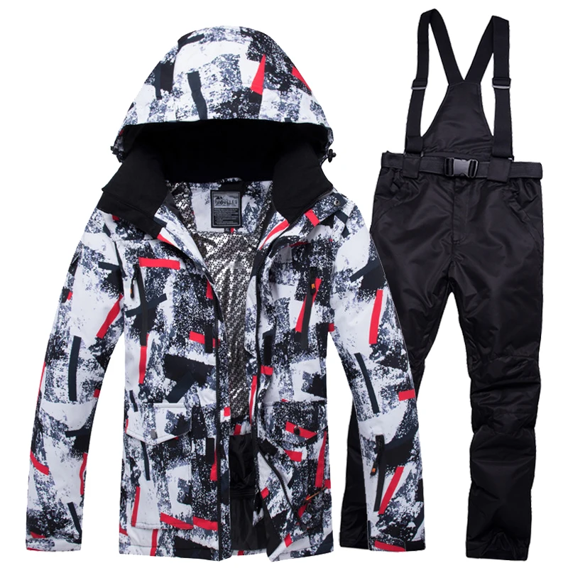 Adults' ski set — geometric black, white and red print jacket with black bib pants
