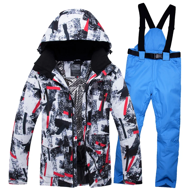 Adults' ski set — geometric print jacket with sky blue bib pants