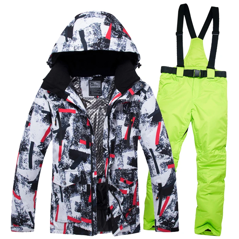Adults' ski set — geometric print jacket with neon green bib pants
