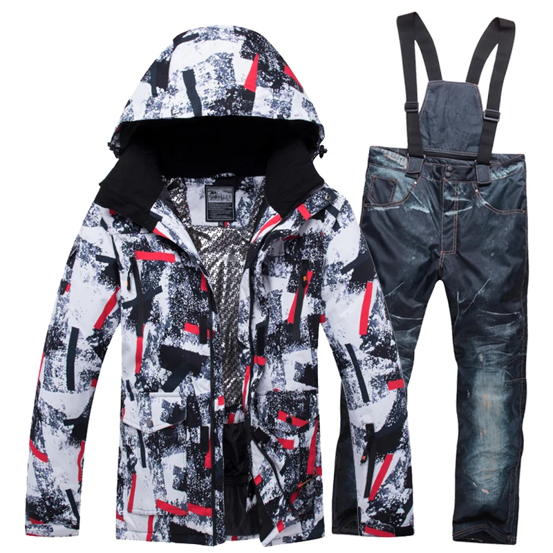 Adults' ski set — geometric print jacket with black denim-look bib pants