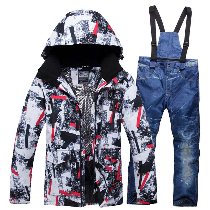 Adults' ski set — geometric print jacket with blue denim-look bib pants