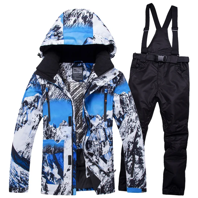 Adults' ski set — blue mountain print jacket with black bib pants