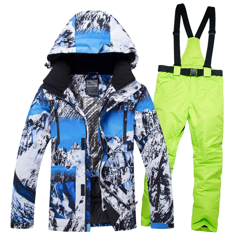 Adults' ski set — blue mountain print jacket with neon green bib pants