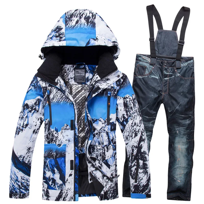 Adults' ski set — blue mountain print jacket with black denim-look bib pants