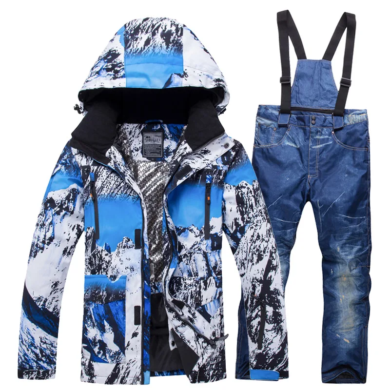 Adults' ski set — blue mountain print jacket with blue denim-look bib pants
