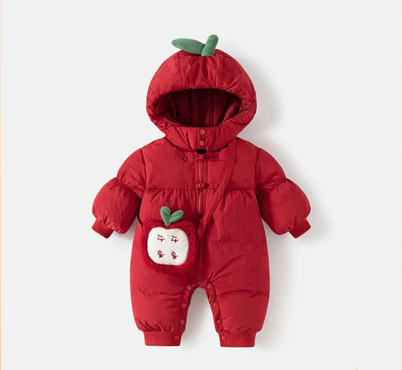 Baby apple one-piece padded suit — Apple Red, front