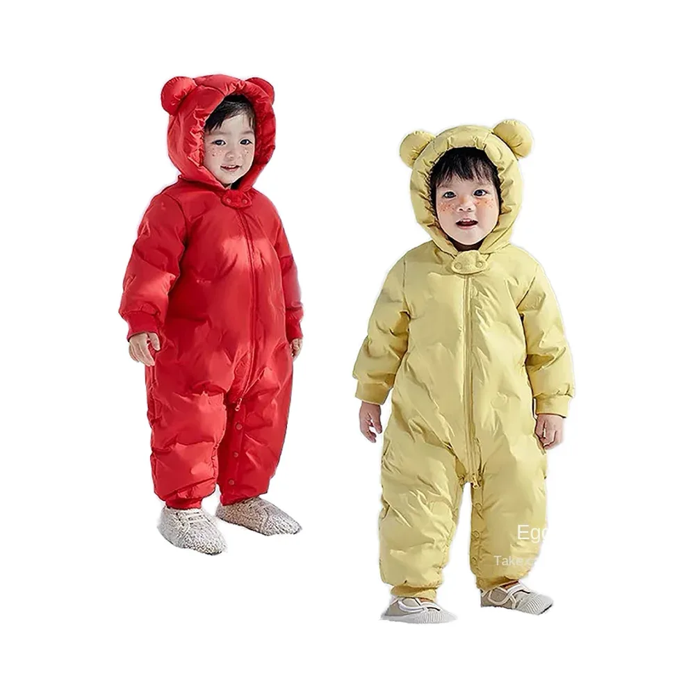 Baby Down Jumpsuit — Little Bear — Red & Yellow, bear suits, front