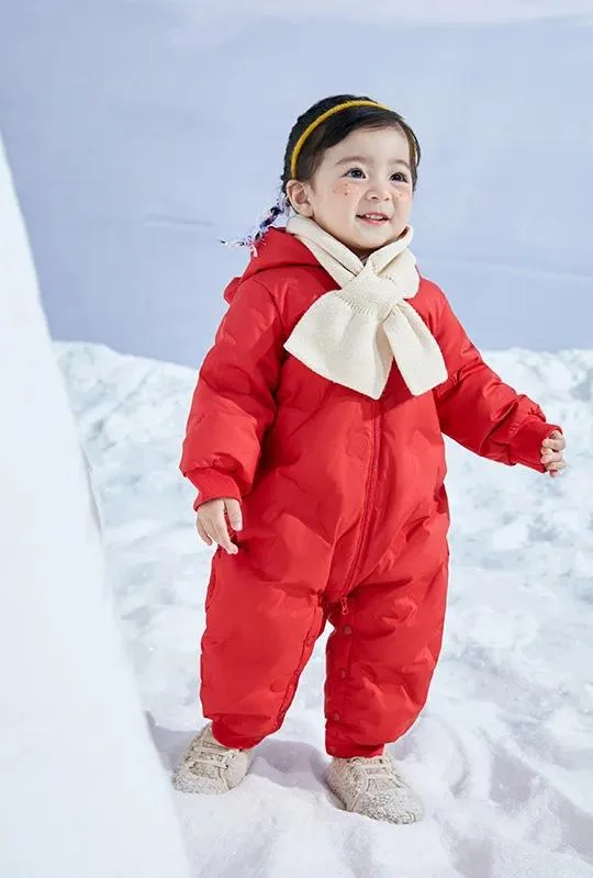 Baby Down Jumpsuit — Little Bear — Red, in the snow