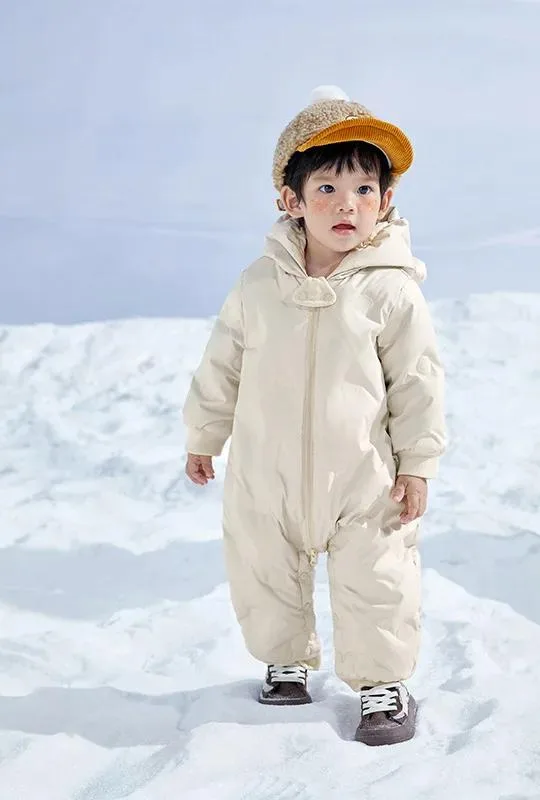 Baby Down Jumpsuit — Little Bear — Beige White, in the snow