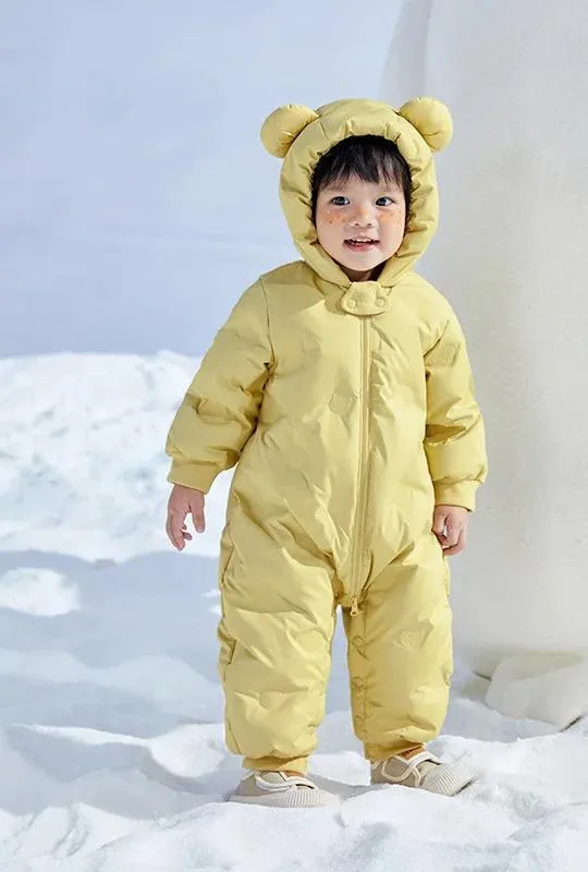 Baby Down Jumpsuit — Little Bear — Yellow, in the snow