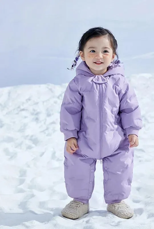 Baby Down Jumpsuit — Little Bear — Purple, in the snow