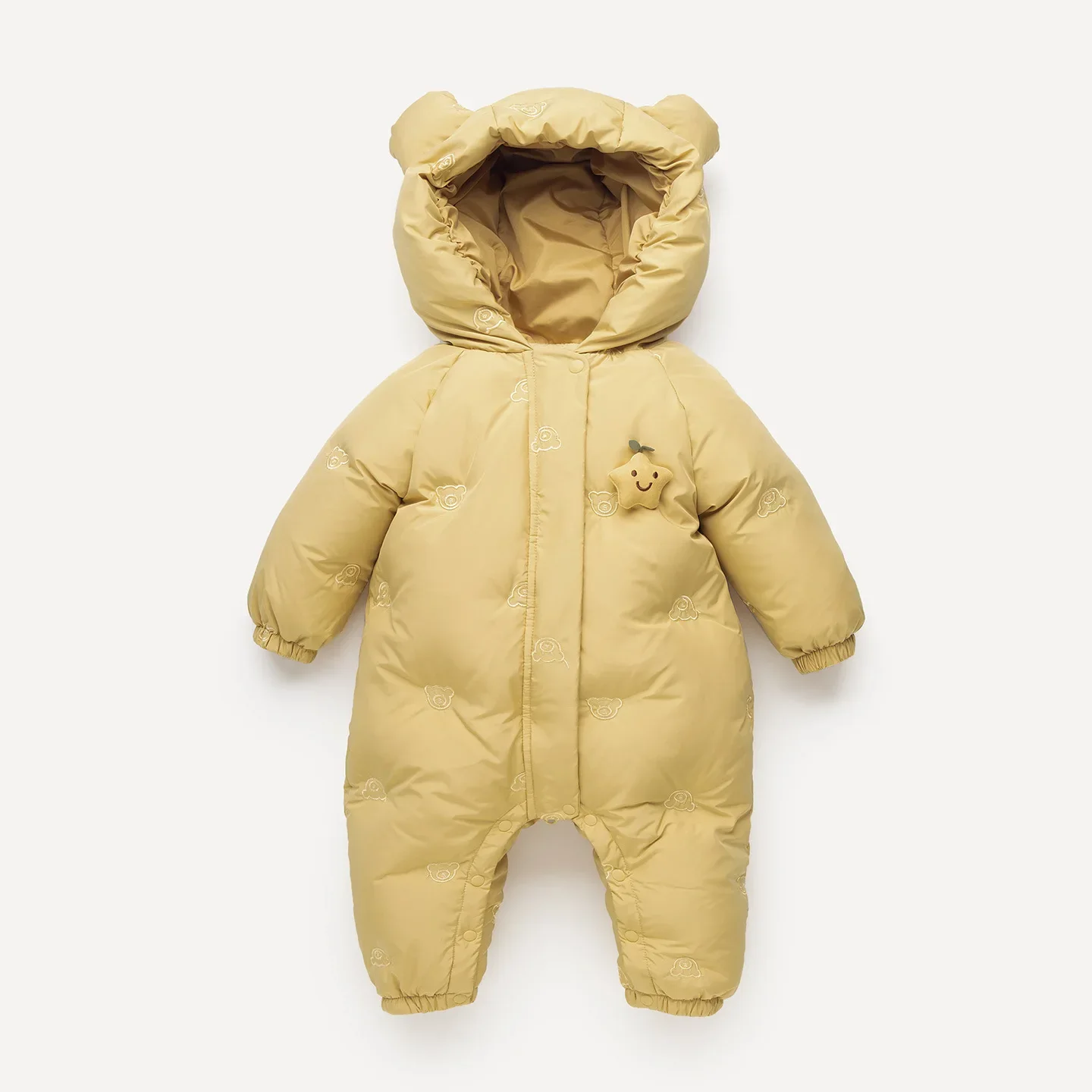 Baby bear-ear down jumpsuit — Yellow, front