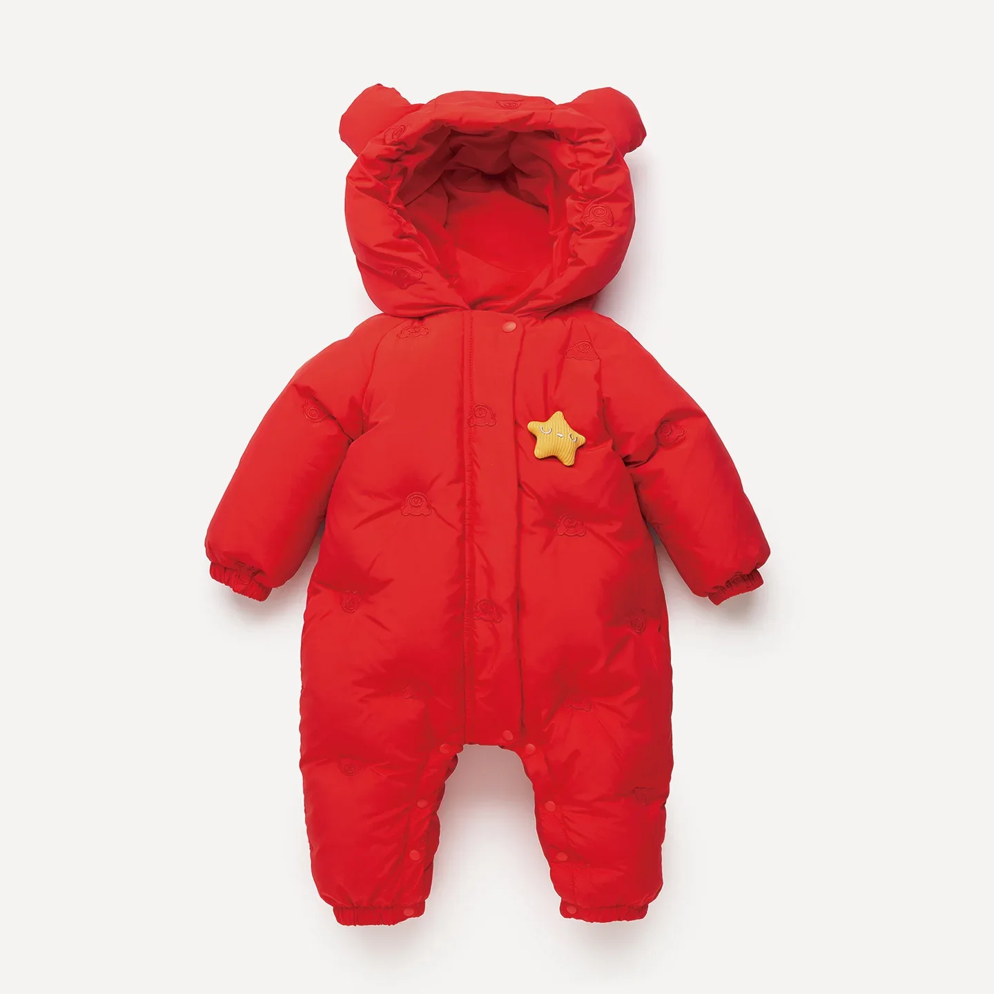 Baby bear-ear down jumpsuit — Red, front