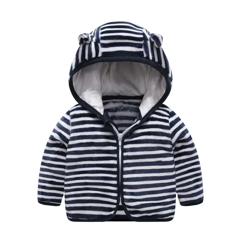 Baby Bear-Ear Hooded Fleece Jacket — 9 Colourways — Navy Stripe, front view