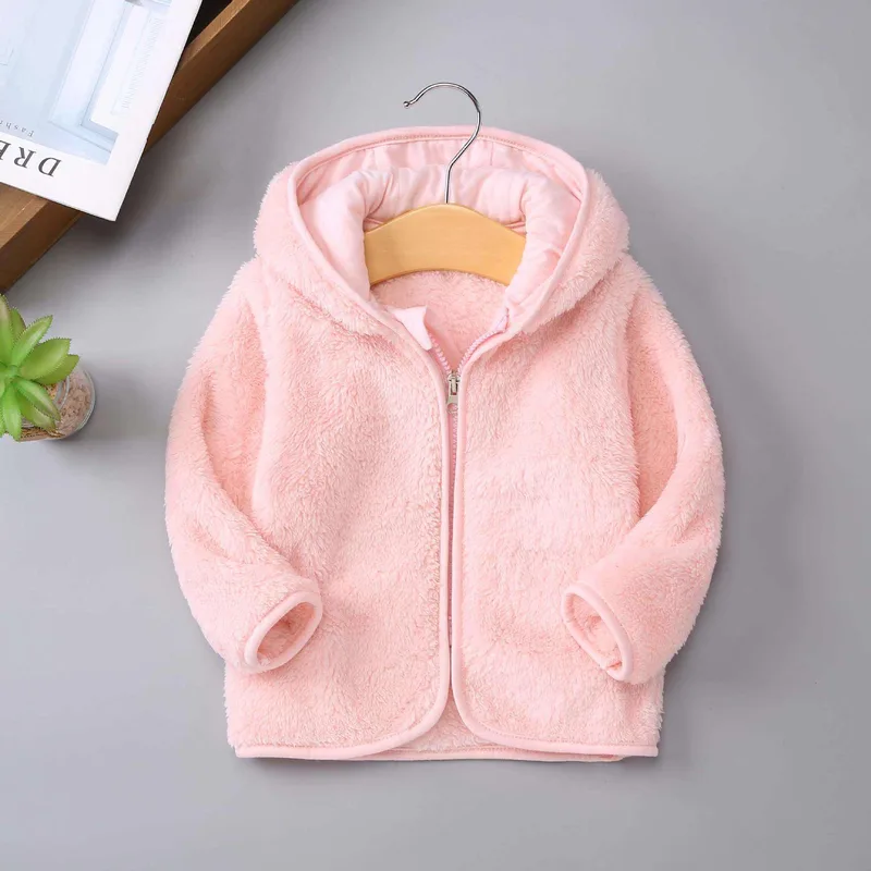Baby Bear-Ear Hooded Fleece Jacket — 9 Colourways — Pink, hanger view