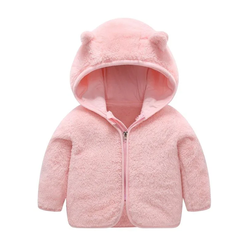Baby Bear-Ear Hooded Fleece Jacket — 9 Colourways — Pink, front view