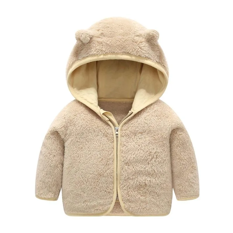 Baby Bear-Ear Hooded Fleece Jacket — 9 Colourways — Camel Brown, front view