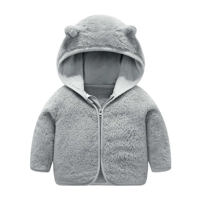 Baby Bear-Ear Hooded Fleece Jacket — 9 Colourways — Gray, front view