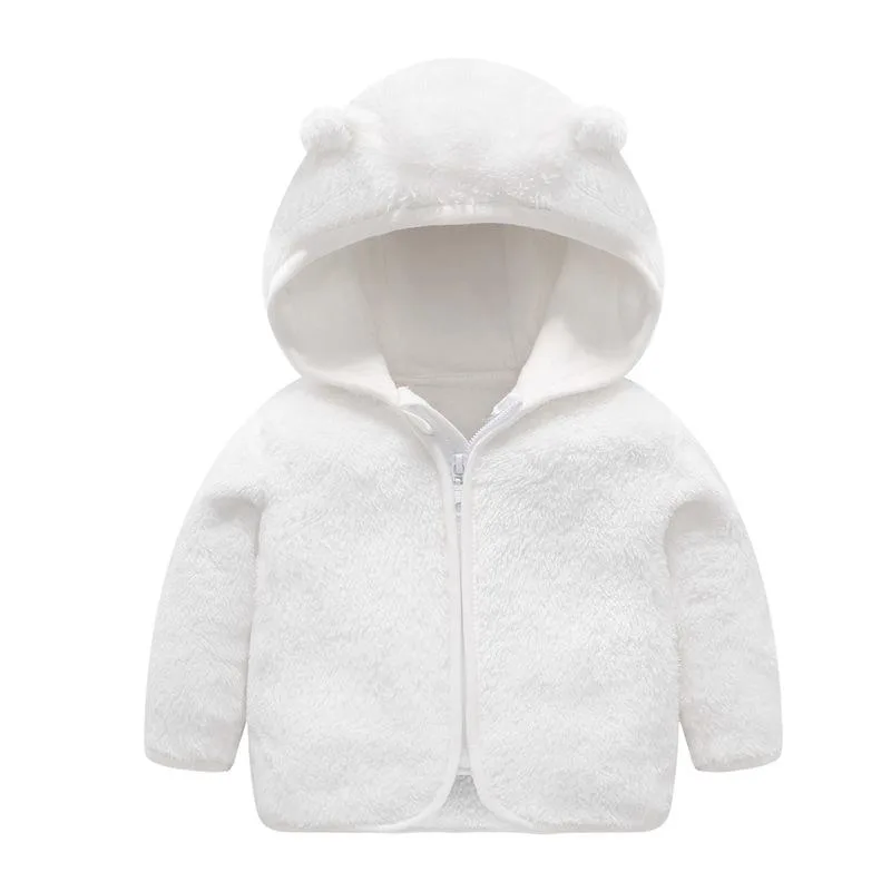 Baby Bear-Ear Hooded Fleece Jacket — 9 Colourways — White, front view