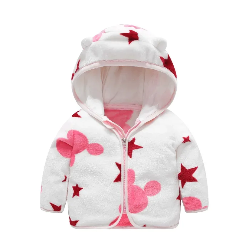 Baby Bear-Ear Hooded Fleece Jacket — 9 Colourways — Pink Star, front view