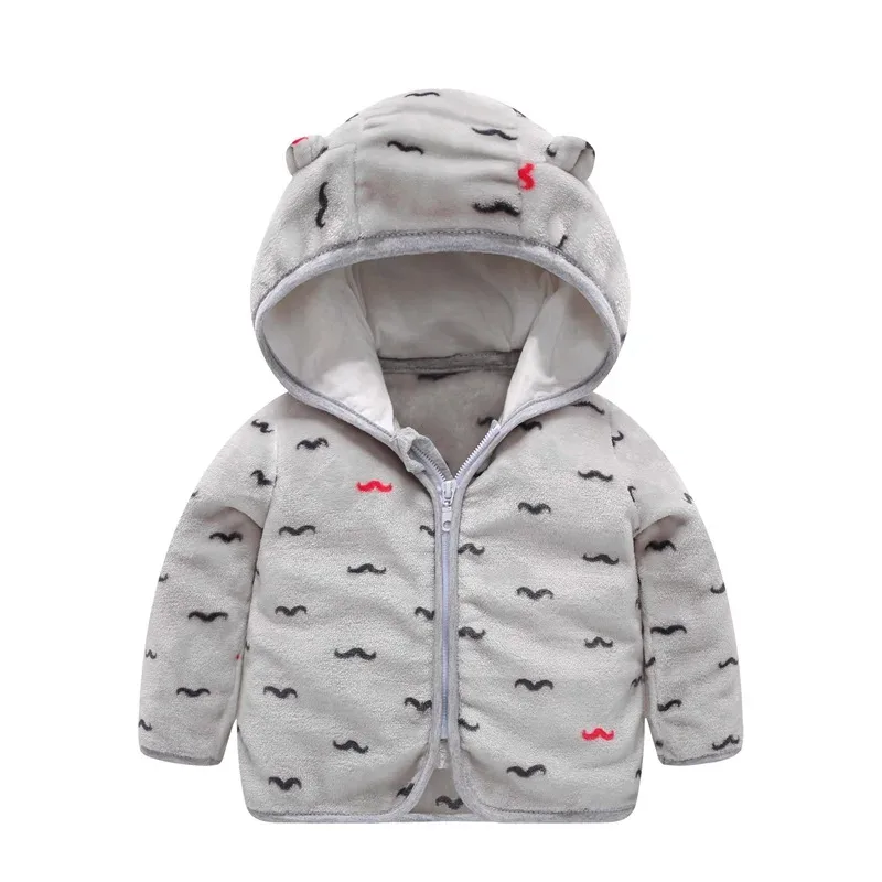 Baby Bear-Ear Hooded Fleece Jacket — 9 Colourways — Moustache Gray, front view