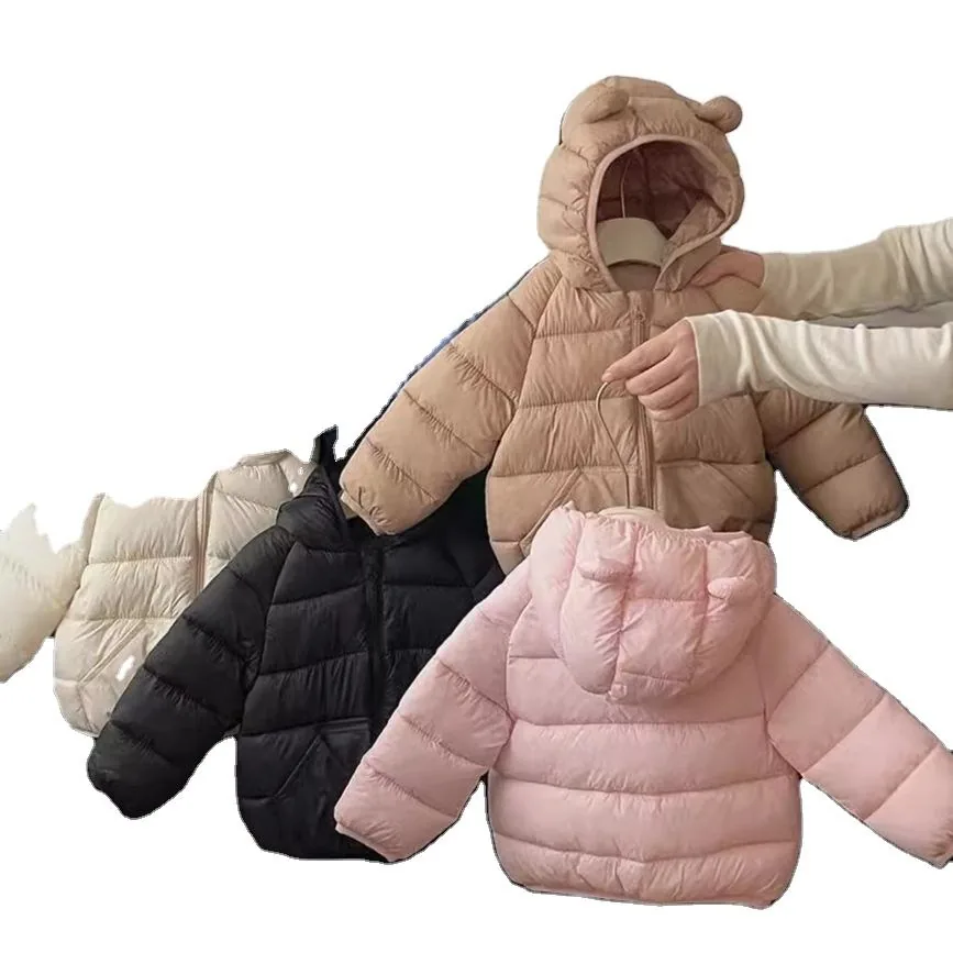 Baby Bear-Ear Quilted Jacket — 4 Colourways — Khaki, White, Black and Pink, four colourways flat lay
