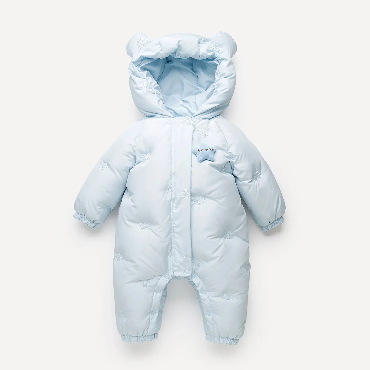 Baby bear-ear star down jumpsuit — Light Blue, front