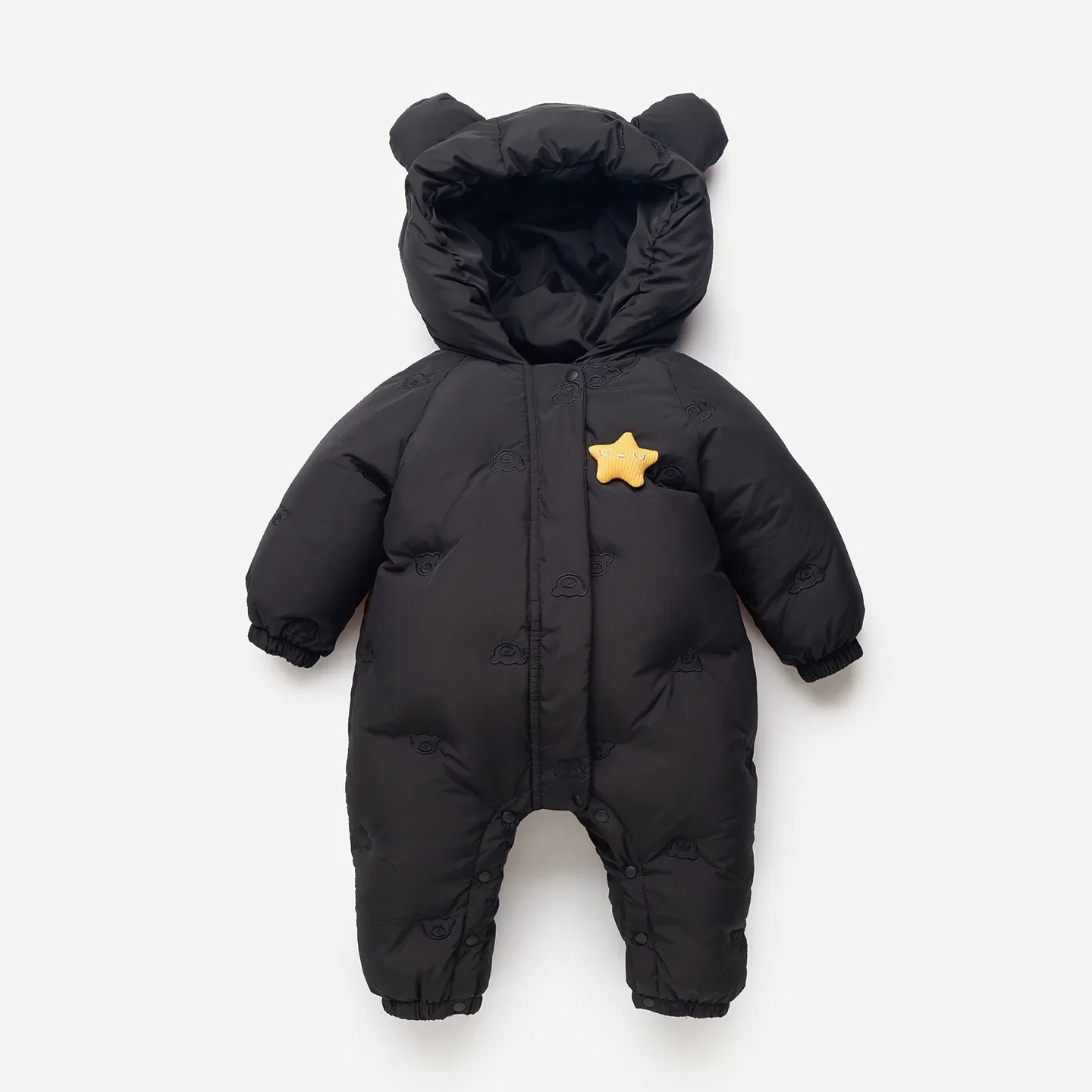 Baby bear-ear star down jumpsuit — Black, front