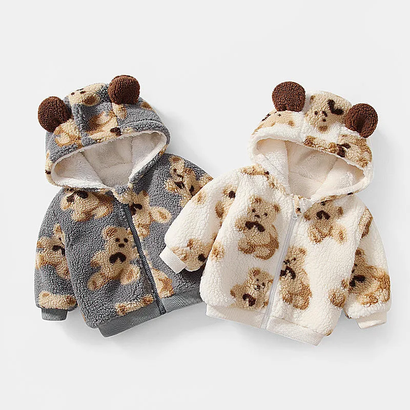 Baby Bear-Print Hooded Fleece Jacket — 4 Colourways — Gray and Cream White, pair view
