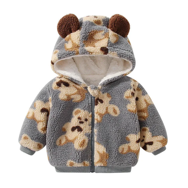 Baby Bear-Print Hooded Fleece Jacket — 4 Colourways — Gray, front view