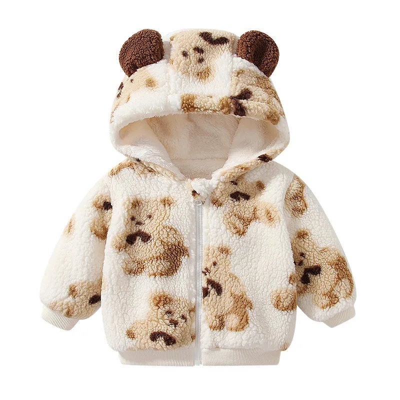 Baby Bear-Print Hooded Fleece Jacket — 4 Colourways — Cream White, front view