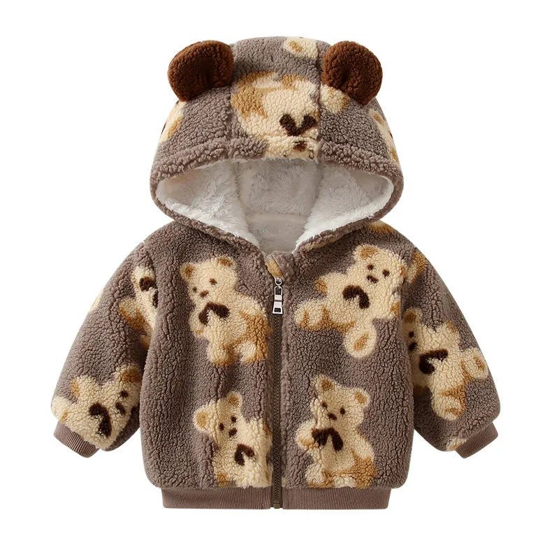 Baby Bear-Print Hooded Fleece Jacket — 4 Colourways — Brown, front view