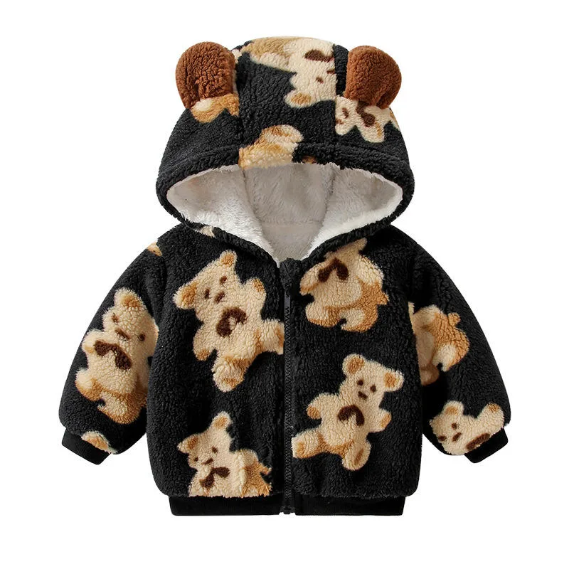 Baby Bear-Print Hooded Fleece Jacket — 4 Colourways — Black, front view
