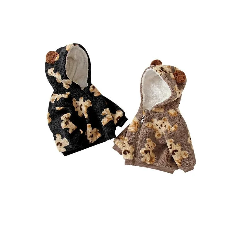 Baby Bear-Print Hooded Fleece Jacket — 4 Colourways — Black and Brown, back pair view