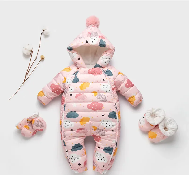 Baby cartoon-print down jumpsuit — Cloud Print, with booties