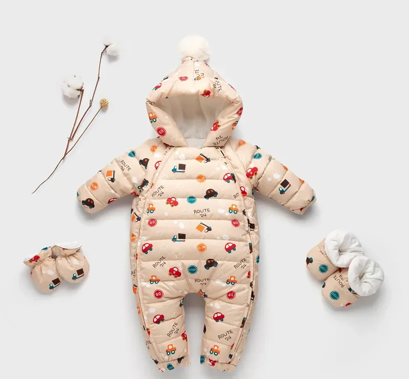 Baby cartoon-print down jumpsuit — Khaki Car, with booties