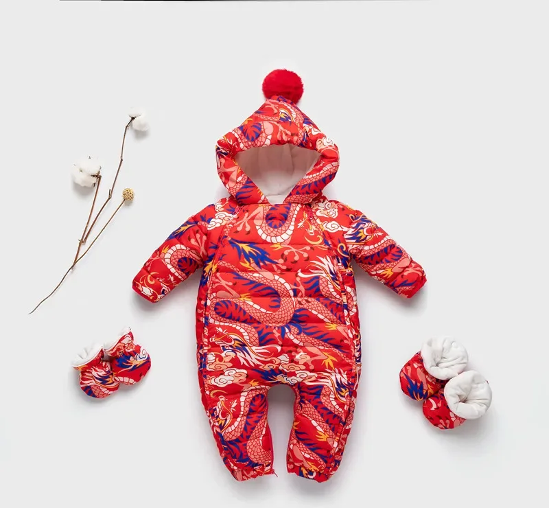 Baby cartoon-print down jumpsuit — Red Dragon, with booties