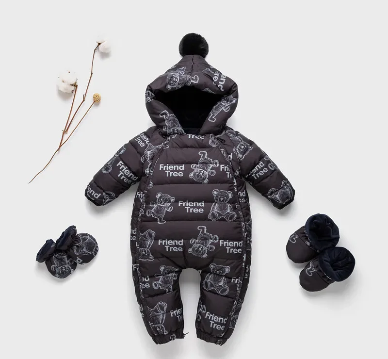 Baby cartoon-print down jumpsuit — Black Teddy, with booties