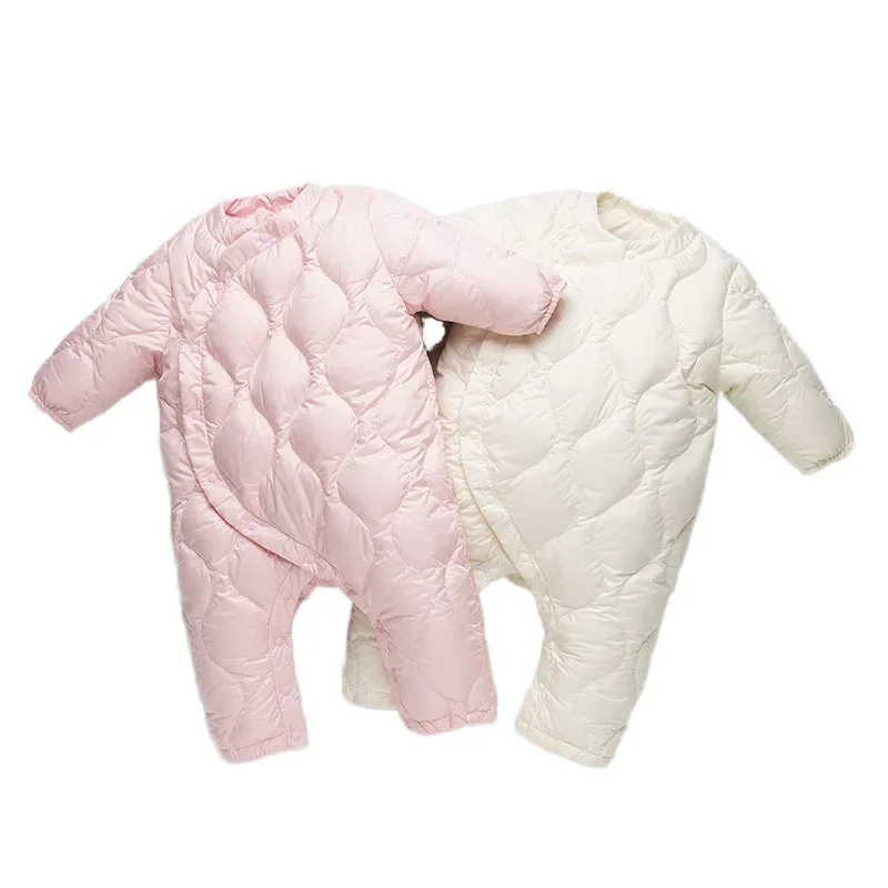Baby Diamond-Quilted Down Romper — Both colourways, pair flat lay
