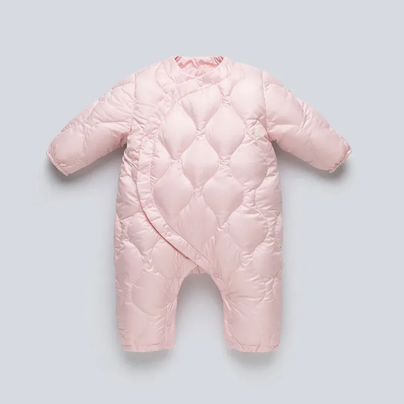 Baby Diamond-Quilted Down Romper — Sakura Pink, front